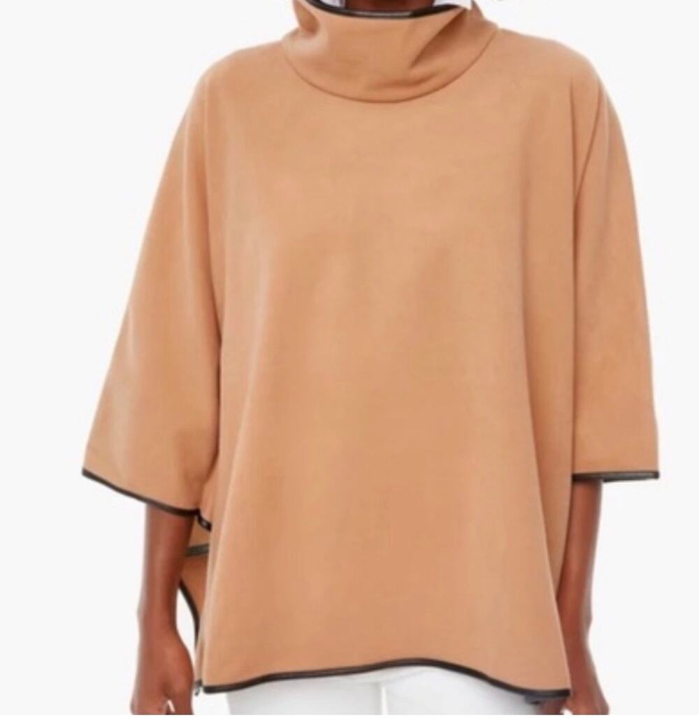 Tuckernuck Piper Poncho NWT One Size Camel Tan Brown Leather Trim Funnel Neck